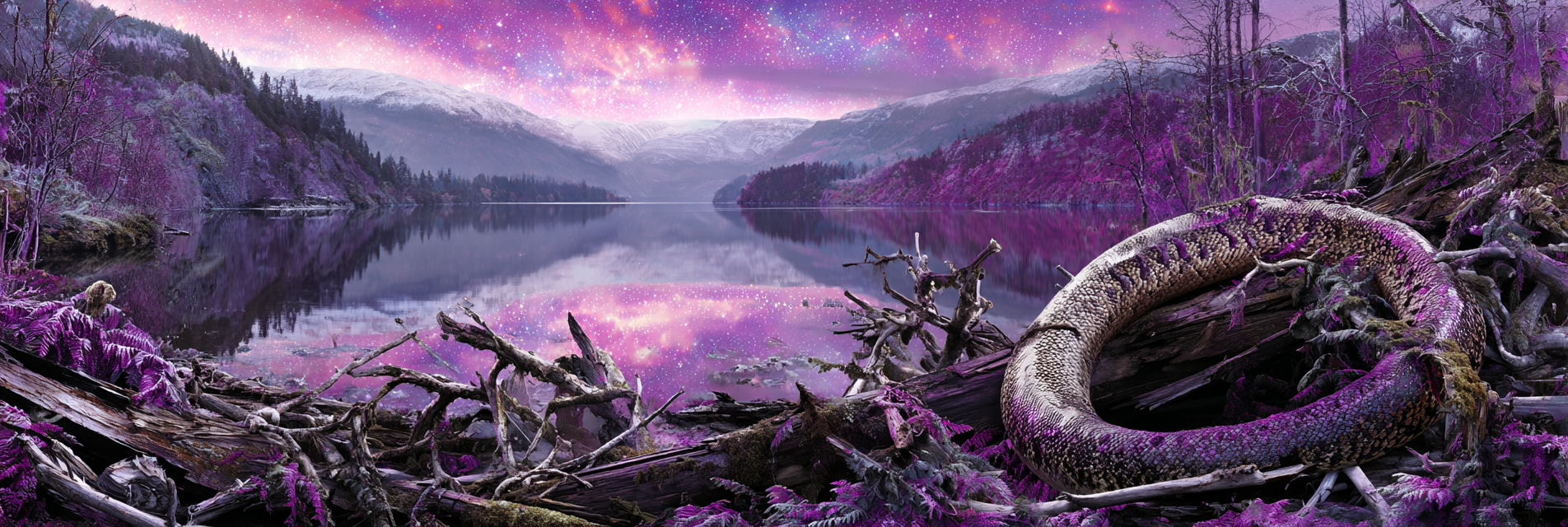 Polarlicht Surreale Landschaft Mit See Und Coiled Creature | Fjorde und Gletscher | Landschaften