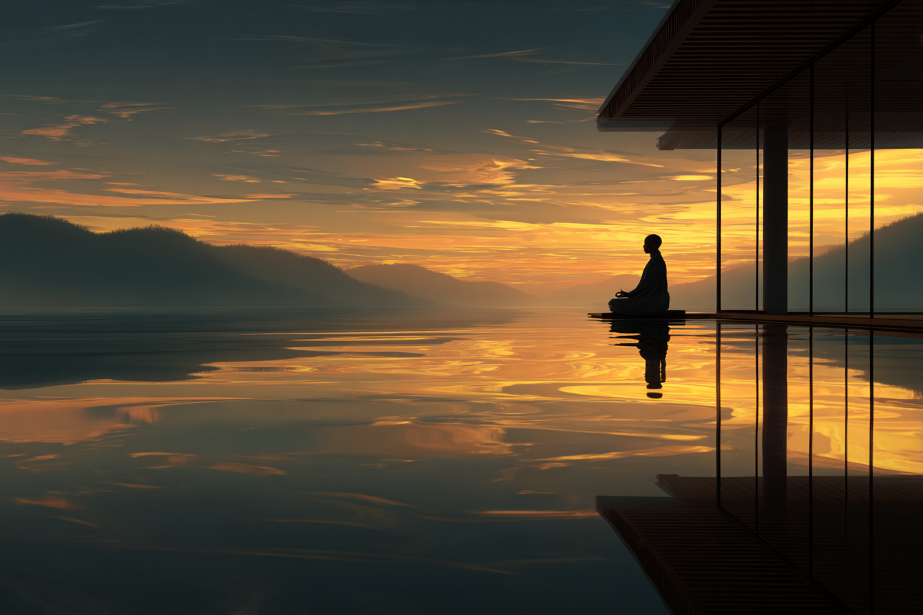 Yoga Meditation Meditierende Person Am Wasser Bei Sonnenuntergang Mit Bergen Und Architektur | Yoga und Meditation | Themen und Hobbys