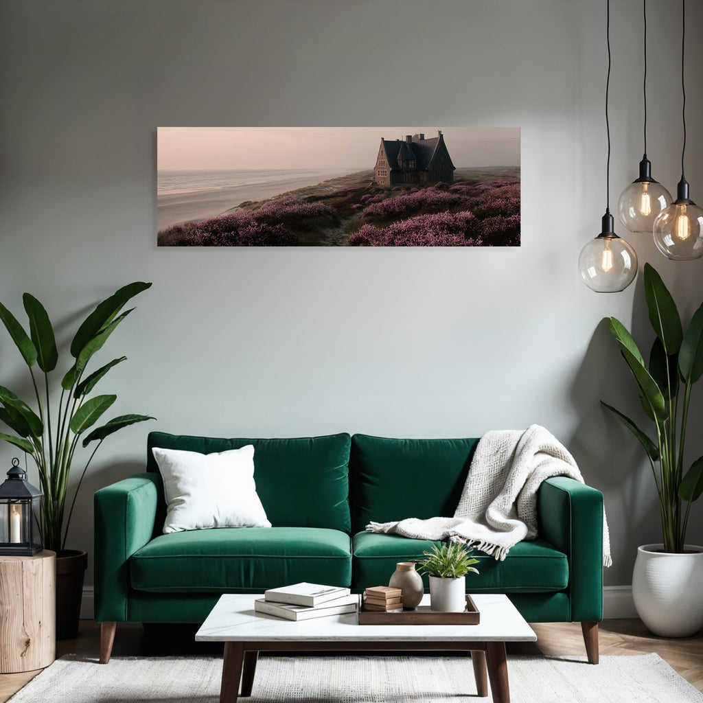 Küstenszene Vintage Haus Strand Lila Blumen Sonnenaufgang Unscharf | Duenen und Heide | Landschaften