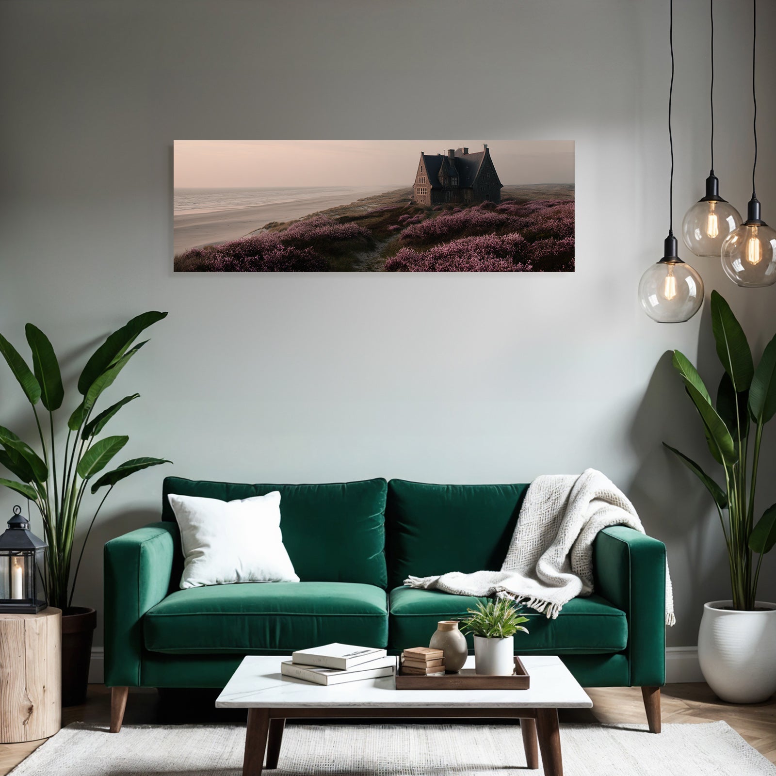 Küstenszene Vintage Haus Strand Lila Blumen Sonnenaufgang Unscharf | Duenen und Heide | Landschaften
