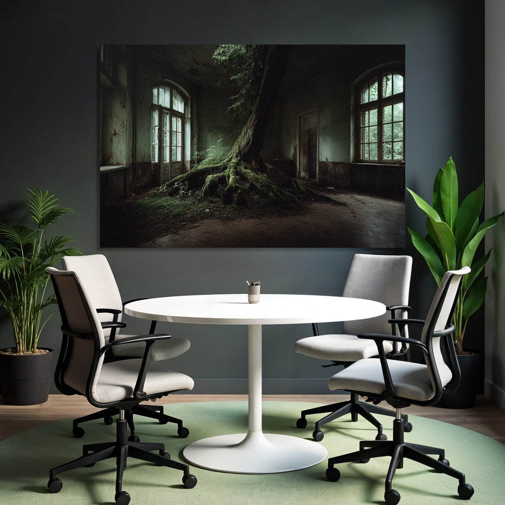 Abandoned Room With Tree Reclaiming Space Wettered Walls And Large Windows | Lost Places | Architektur