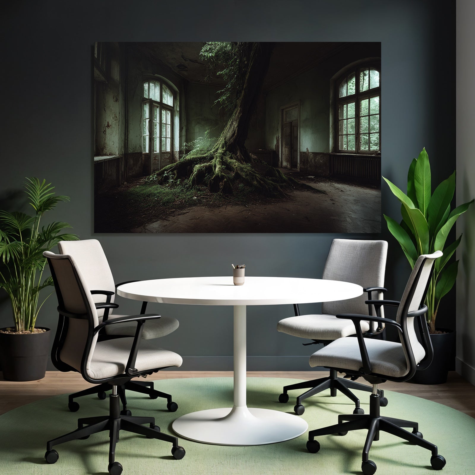 Abandoned Room With Tree Reclaiming Space Wettered Walls And Large Windows | Lost Places | Architektur