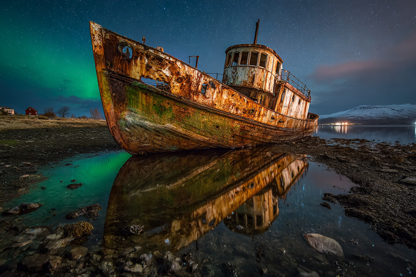 Polarlicht Verrostetes Verlassenes Boot Am Strand Nachts Mit Reflexion Und Aurorabelichtung | Fjorde und Gletscher | Landschaften
