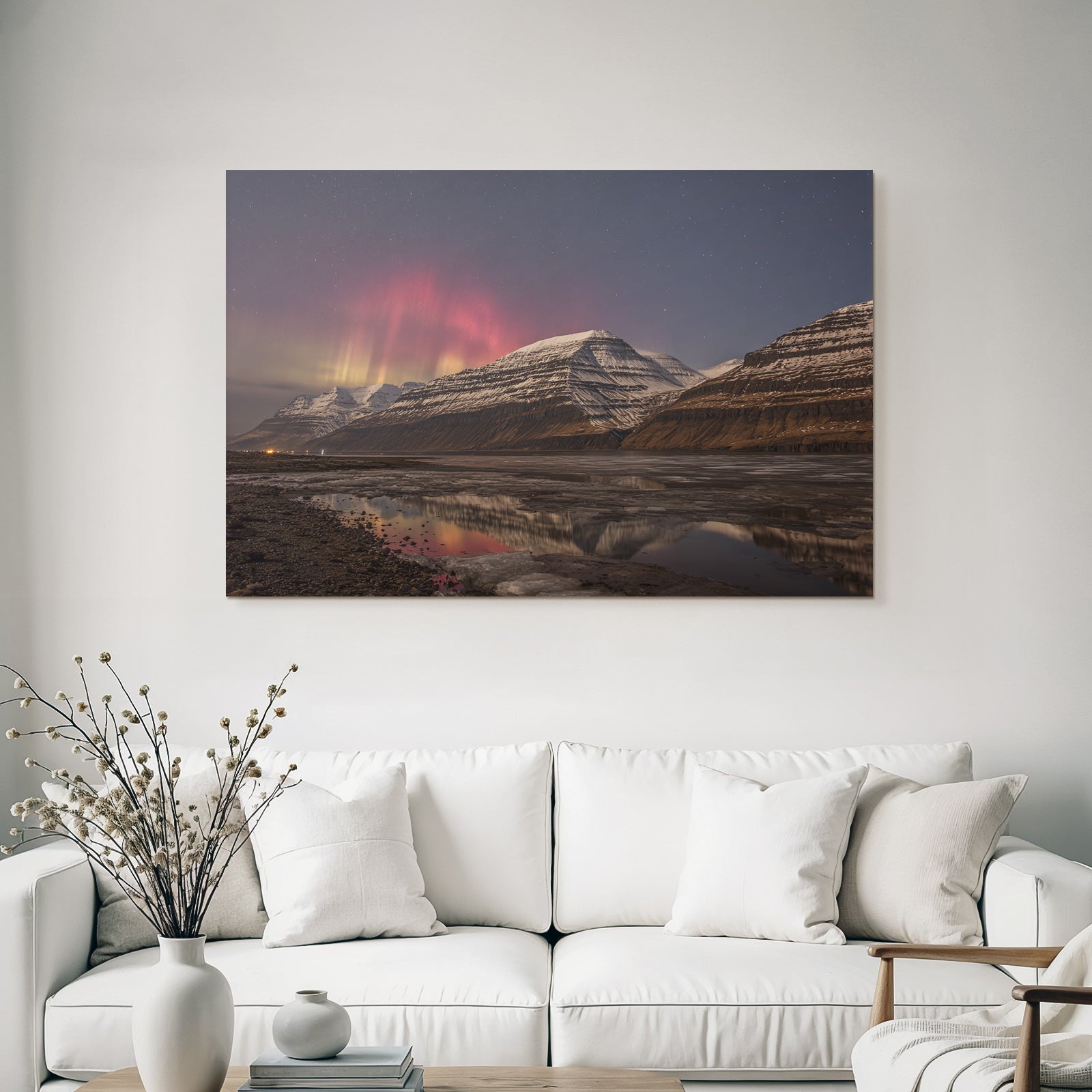 Polarlicht Schneebedeckte Berge Und Aurora Reflexion Im Nacht Himmel | Fjorde und Gletscher | Landschaften