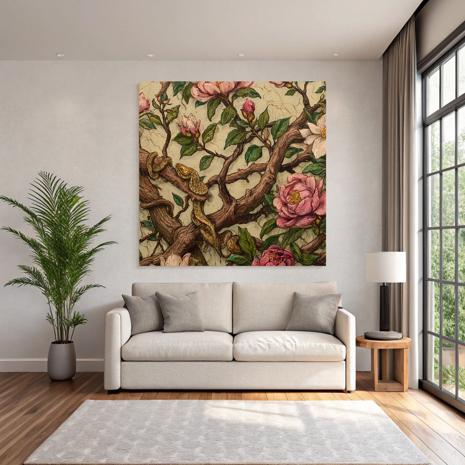 Verflochtene Zweige Mit Rosa Magnolien Und Schlange
