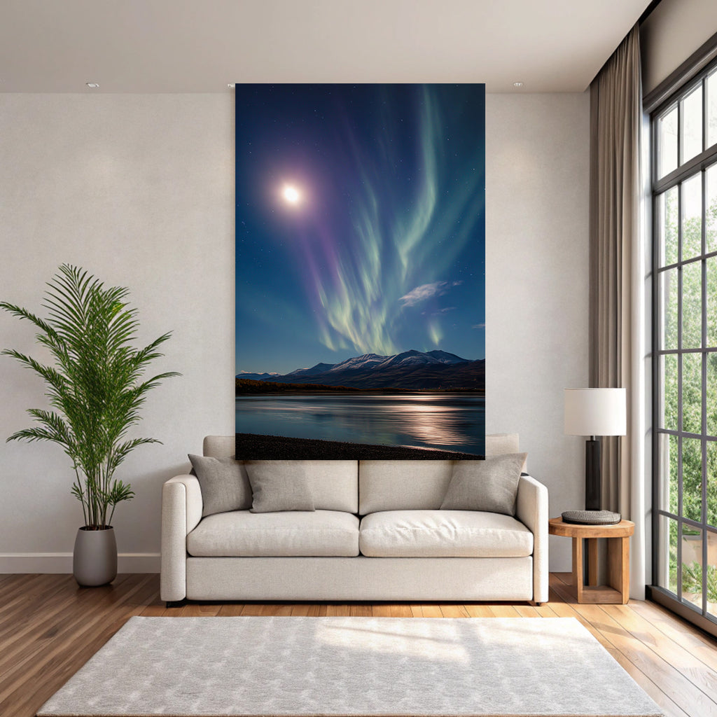 Polarlicht Aurora Borealis Mit Mond Und Berge Reflektiertes Wasser Nachtsky | Fjorde und Gletscher | Landschaften