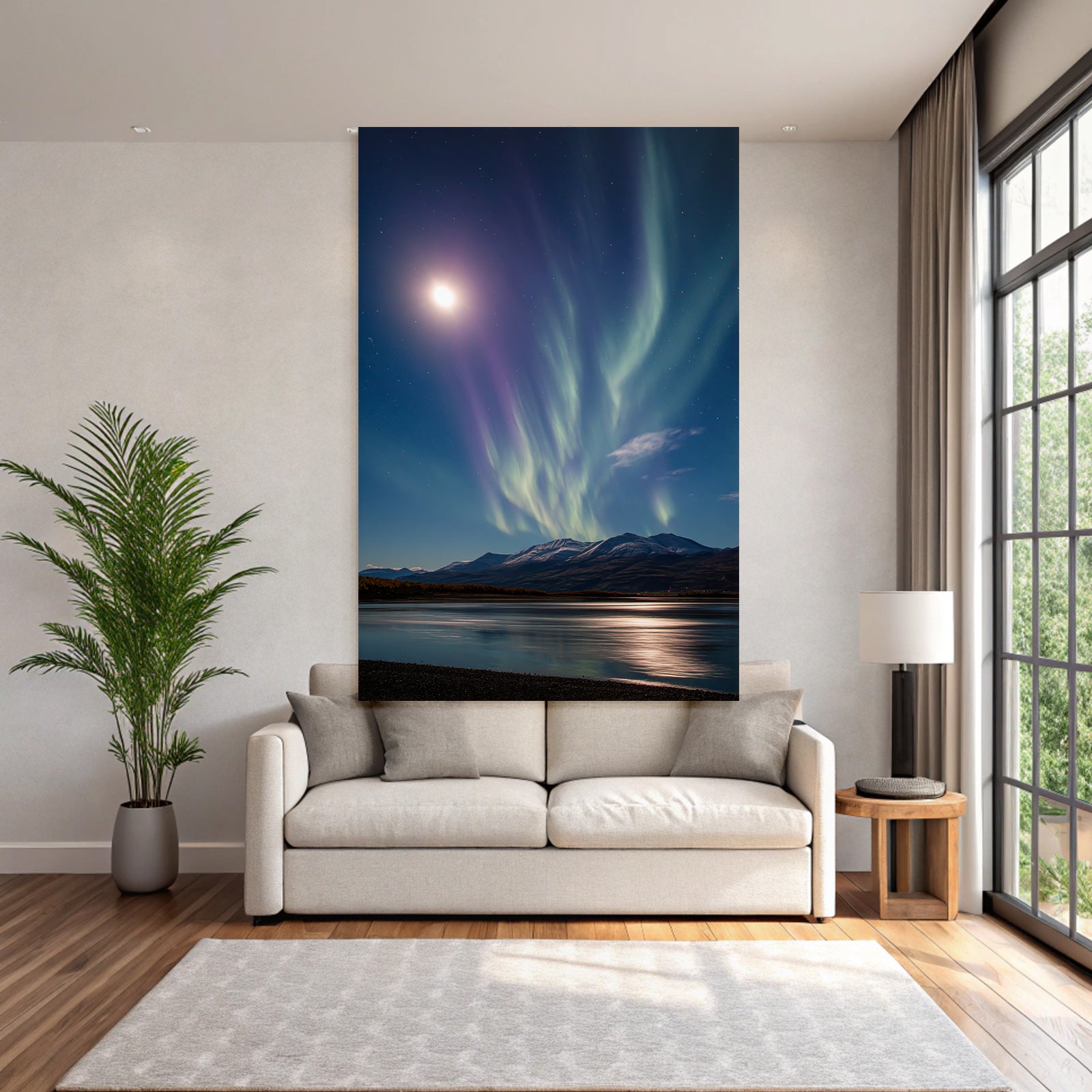 Polarlicht Aurora Borealis Mit Mond Und Berge Reflektiertes Wasser Nachtsky | Fjorde und Gletscher | Landschaften