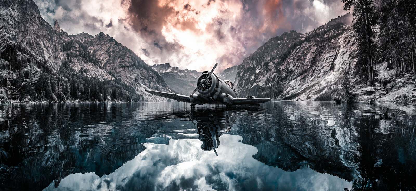 Scenic Landscape Vintage Aircraft Auf Wasser Mit Bergen Dramatische Atmosphäre | Flugzeuge | Mobilitaet und Technik