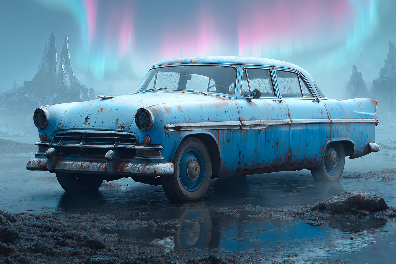 Polarlicht Alter Rustiger Blaür Auto In Surrealer Landschaft Mit Aurora | Fjorde und Gletscher | Landschaften