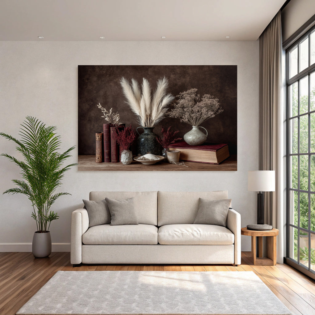 Trocken Retro Flowers Schone Still Leben Mit Alten Büchern Keramischen Vasen Dried Plants