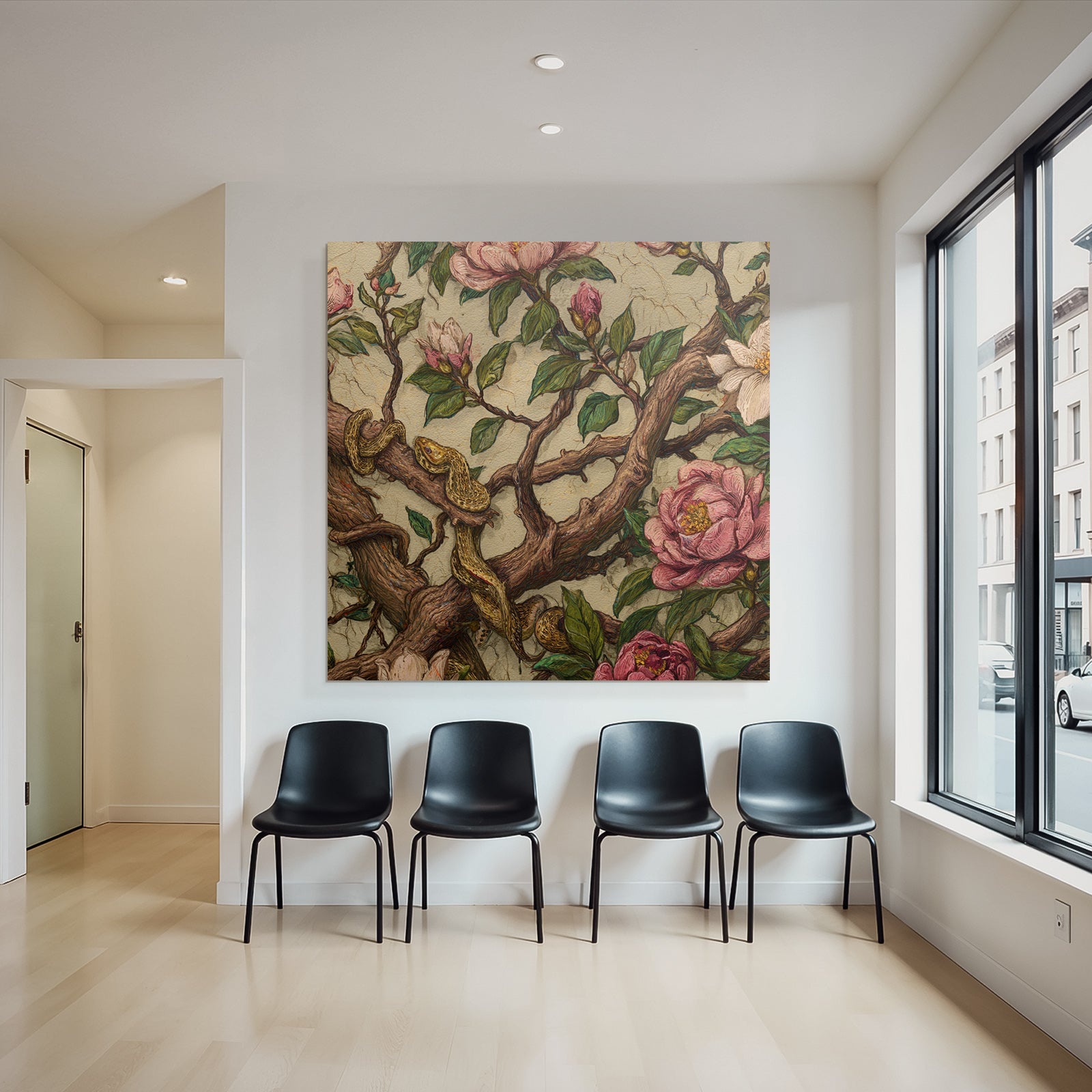 Verflochtene Zweige Mit Rosa Magnolien Und Schlange