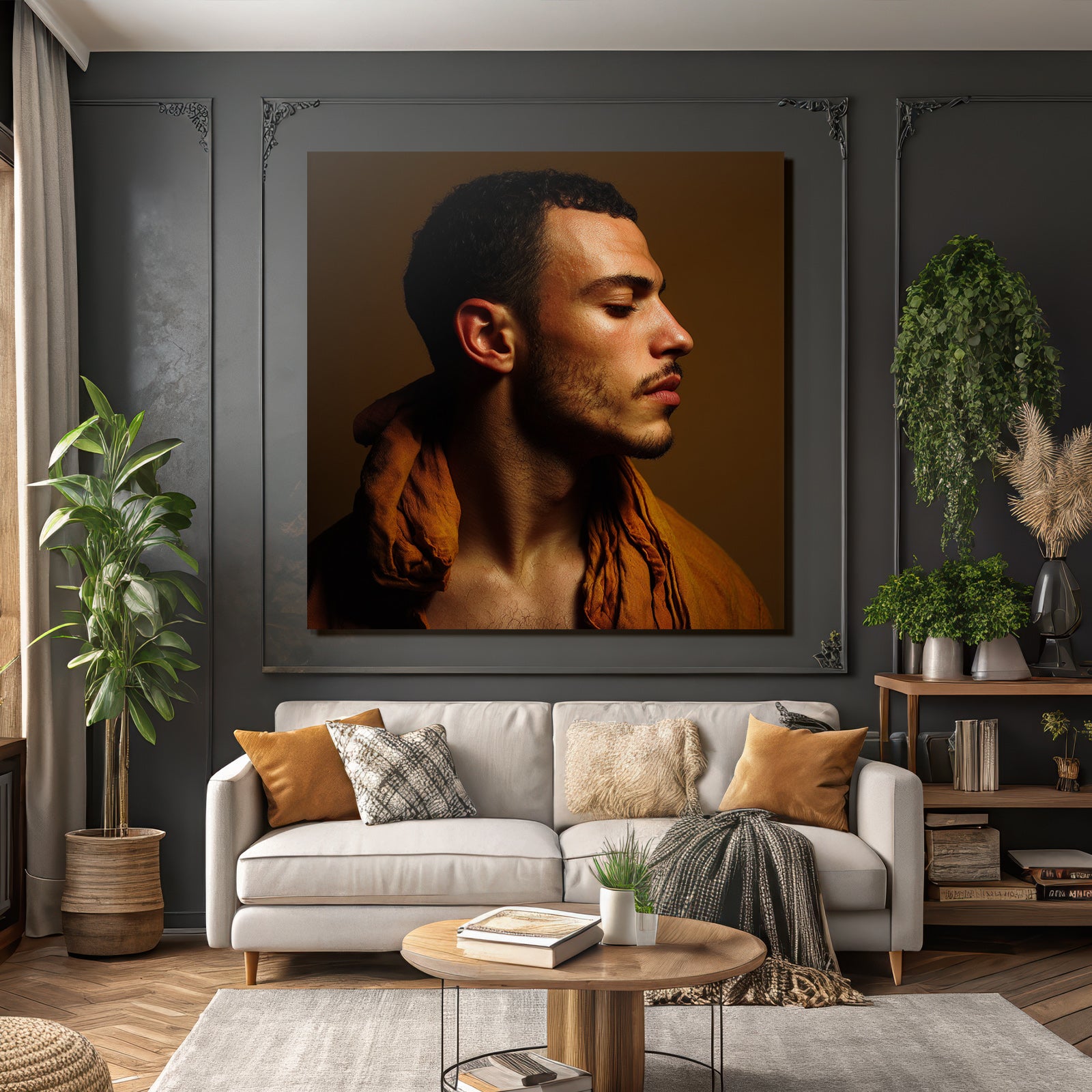 Portrait Eines Mannes Im Profil Mit Lockigem Haar Und Drapierter Garderobe | Aktkunst und Sinnlichkeit | Menschen und Emotionen