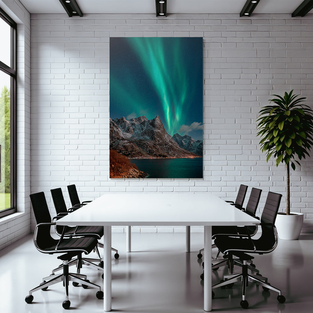 Polarlicht Schneebedeckte Berge Unter Aurora Borealis Nachtlandschaft | Fjorde und Gletscher | Landschaften