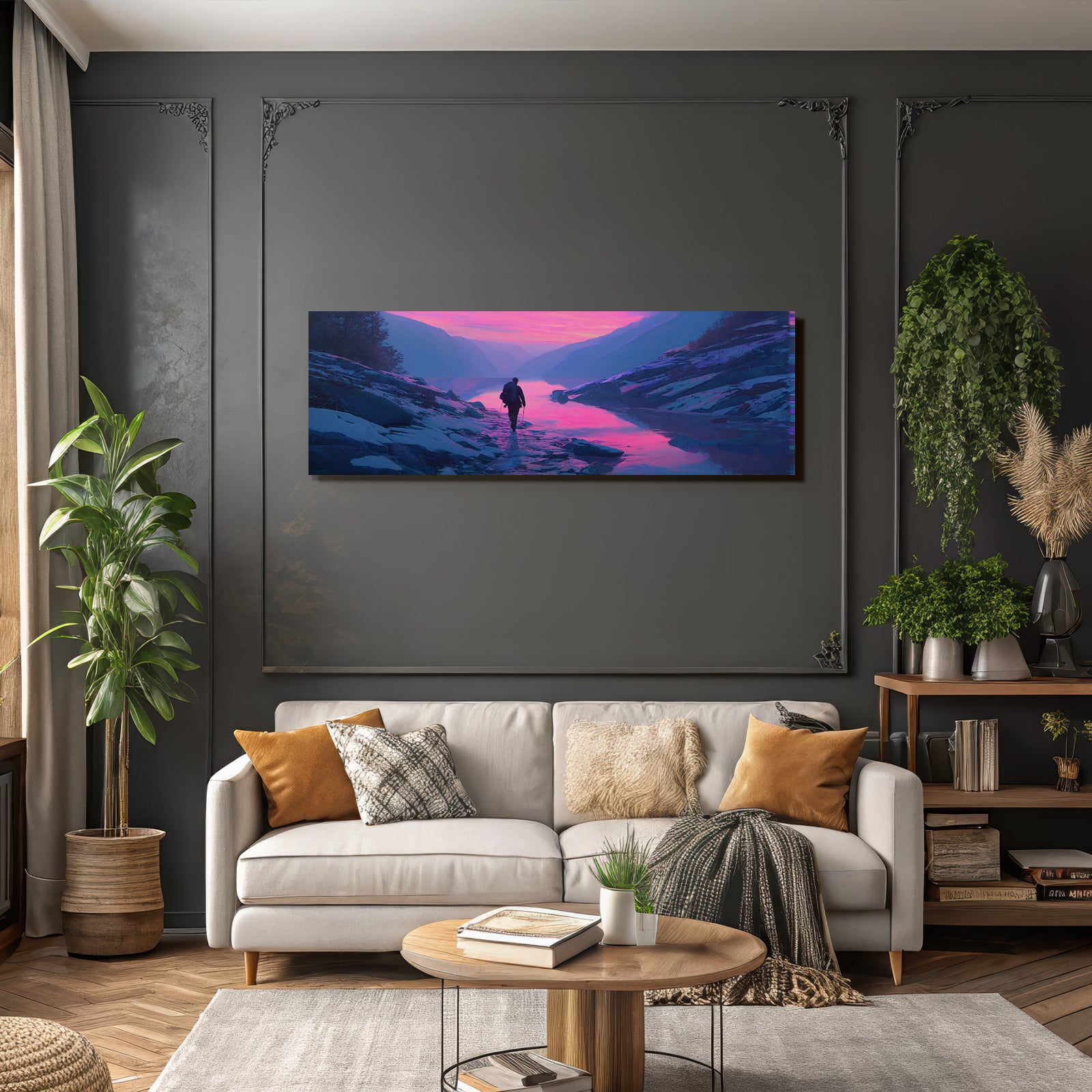 Polarlicht Ruhige Landschaft Mit Person Am Steinigen Ufer Bei Sonnenaufgang Oder Sonnenuntergang | Fjorde und Gletscher | Landschaften
