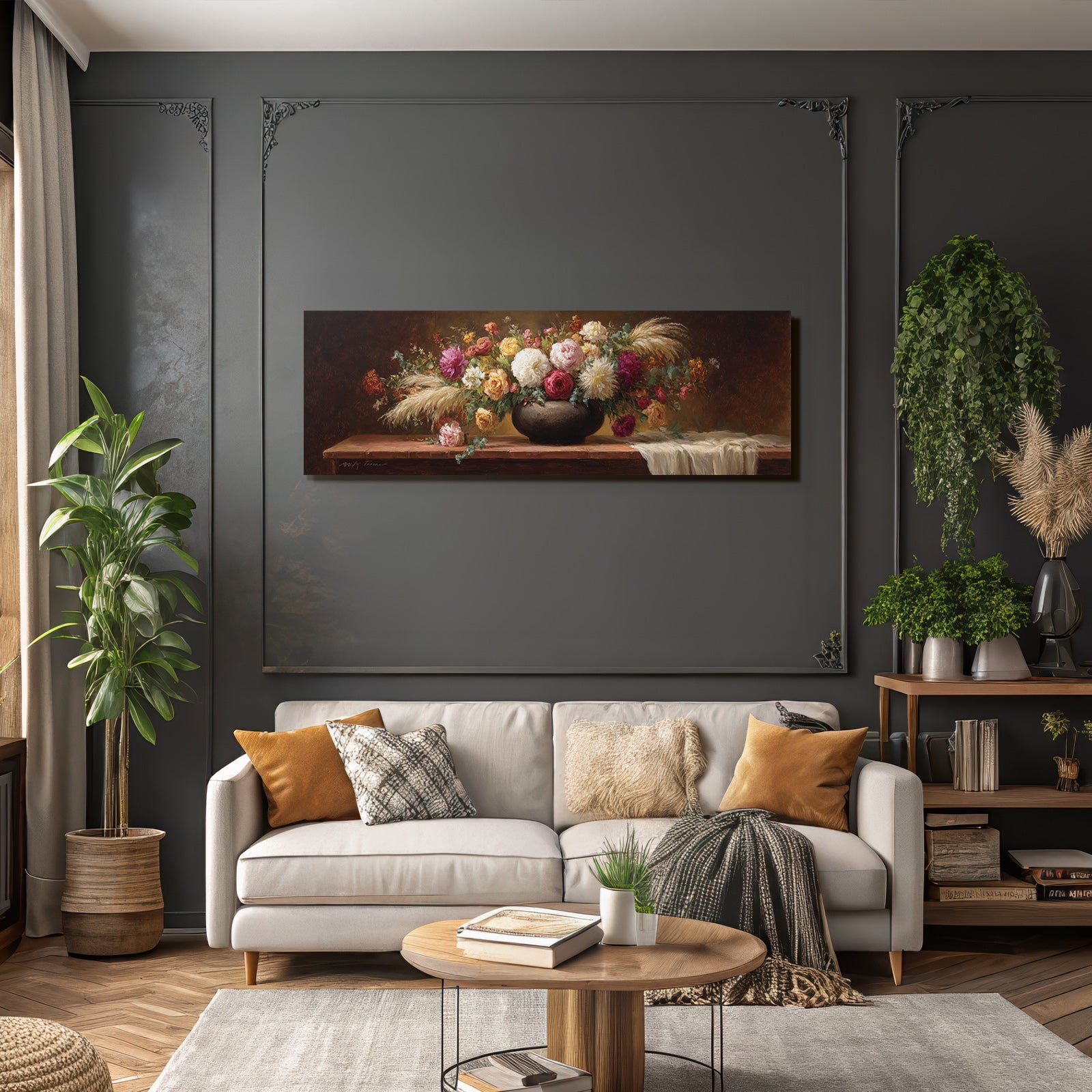 Trocken Retro Flowers Stillleben Dunkel Vase Holzoberfläche Vibrante Farben