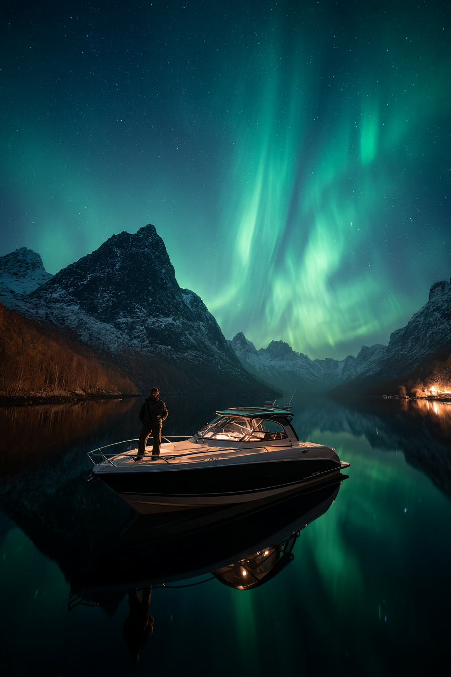 Polarlicht Nachtlandschaft Boote Aurora Sterne Reflexion | Fjorde und Gletscher | Landschaften