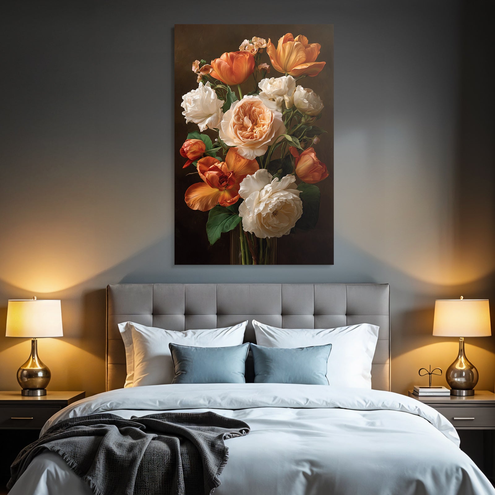 Strauss Mit Orange Und Weissen Rosen Und Tulpen