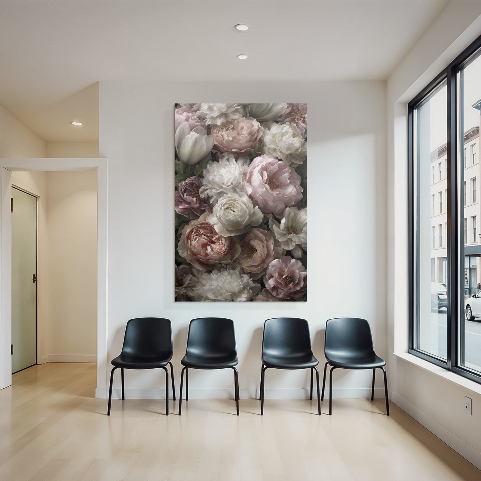 Arrangement Mit Pfingstrosen Und Tulpen Vor Dunklem Hintergrund