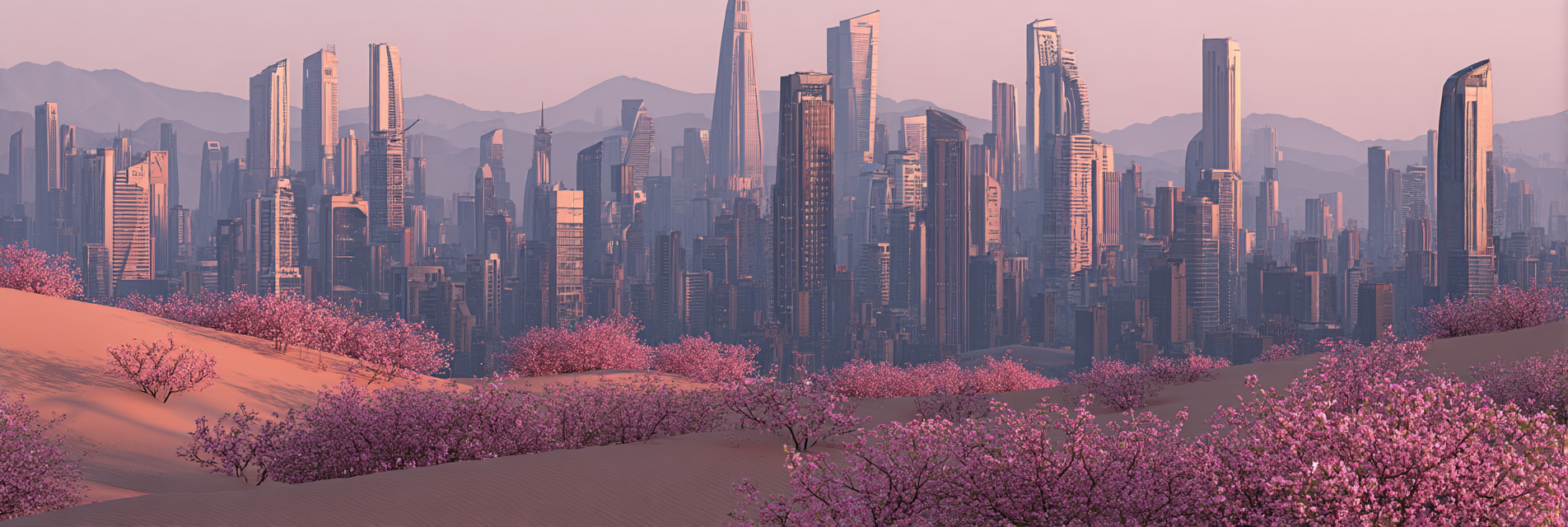 Futuristische Stadtlandschaft Mit Blumenbaum Und Bergen | Duenen und Heide | Landschaften