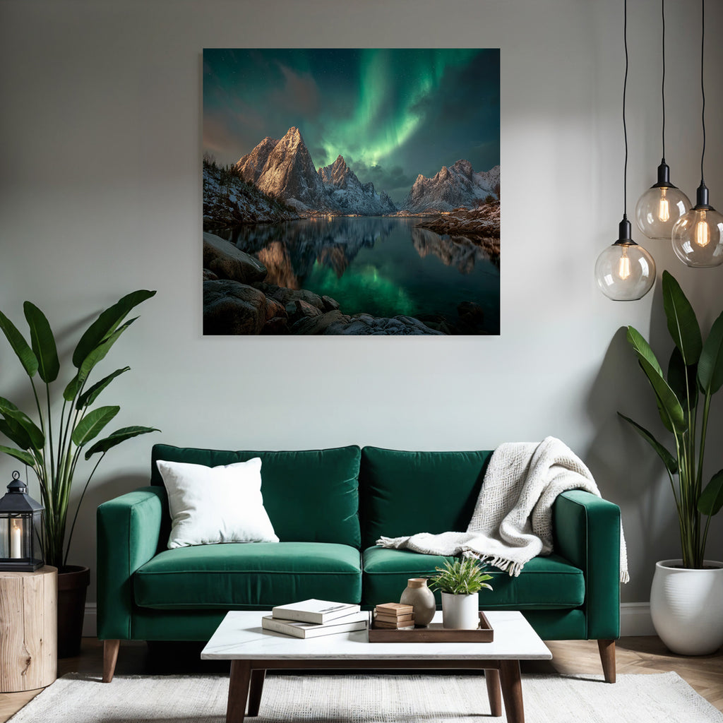 Polarlicht Schneebedeckte Berge Nordlichter Spiegelung Wasser Nachtlandschaft | Fjorde und Gletscher | Landschaften