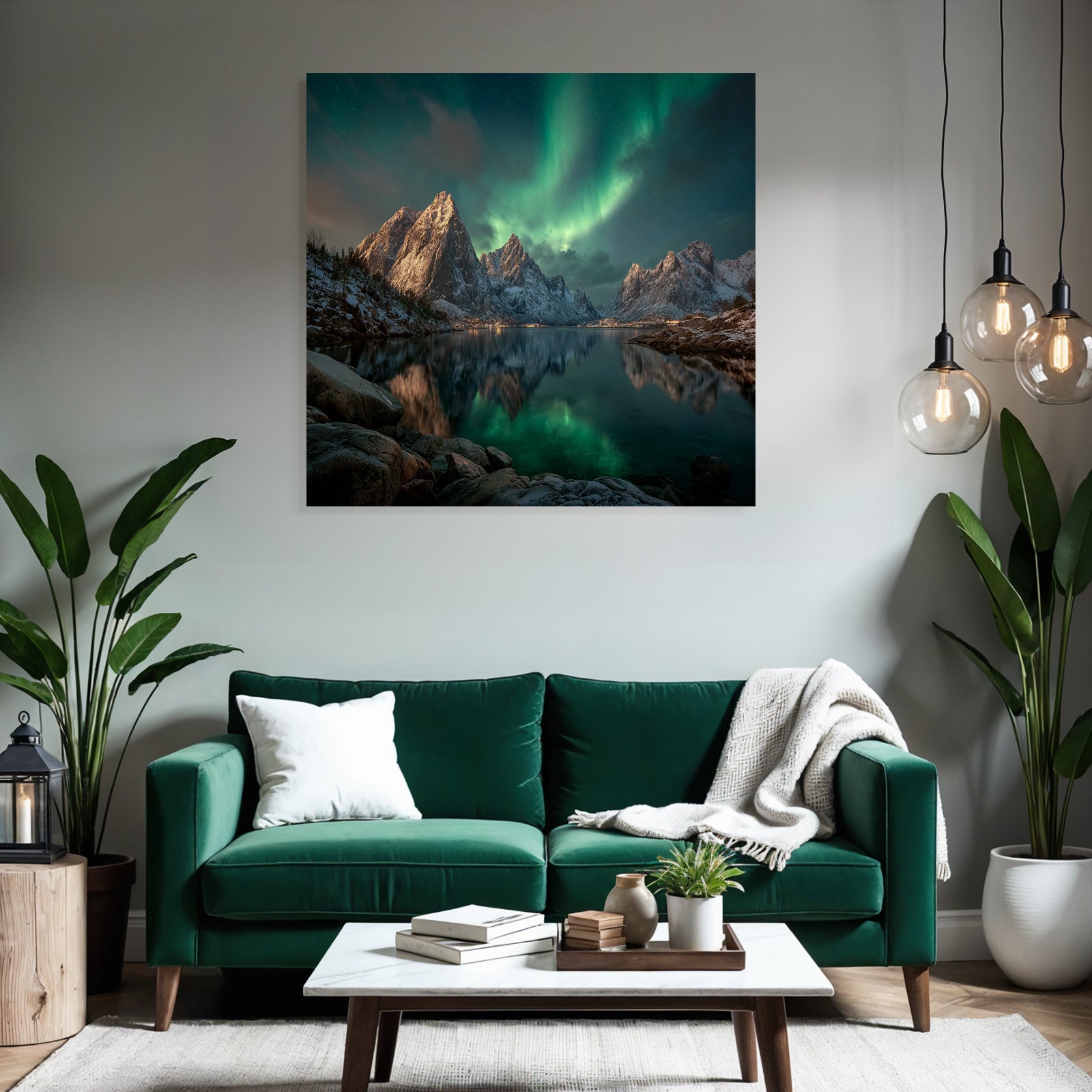 Polarlicht Schneebedeckte Berge Nordlichter Spiegelung Wasser Nachtlandschaft | Fjorde und Gletscher | Landschaften