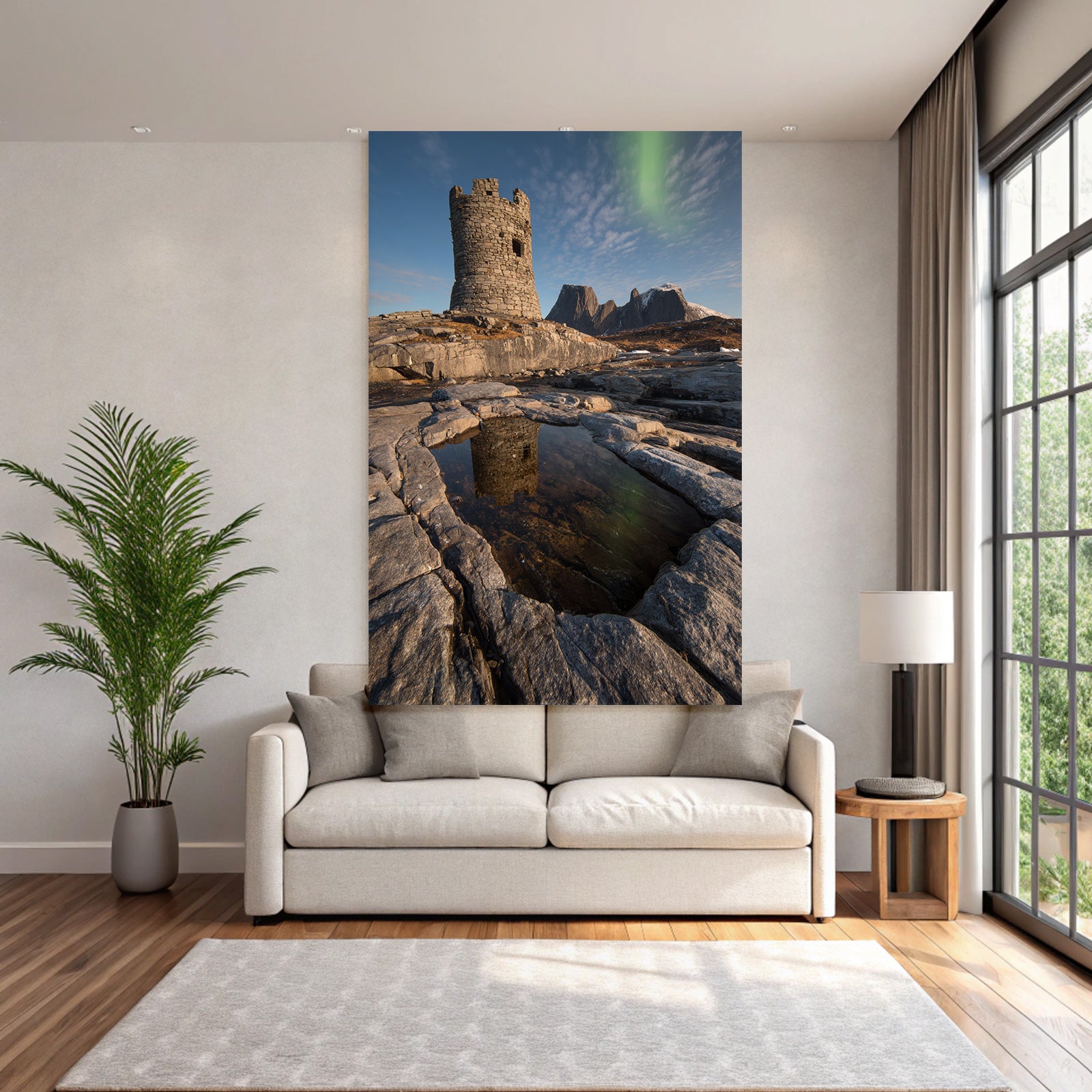 Polarlicht Stein Turm In Rugged Landscape Mit Aurora Borealis Reflektierender Pool | Fjorde und Gletscher | Landschaften
