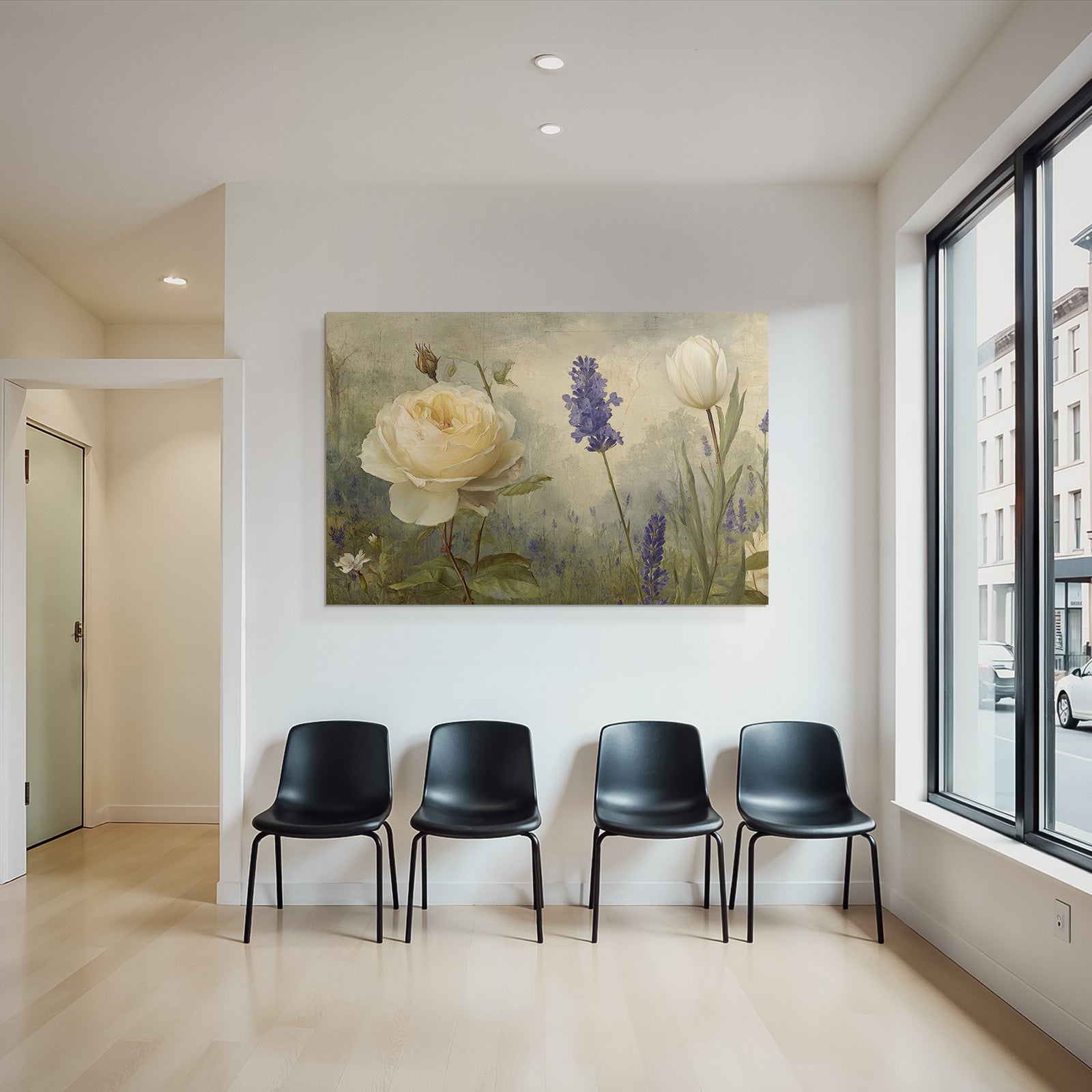 Stilisierte Gemälde Mit Cremefarbener Rose Weisser Tulpe Und Lila Blüten