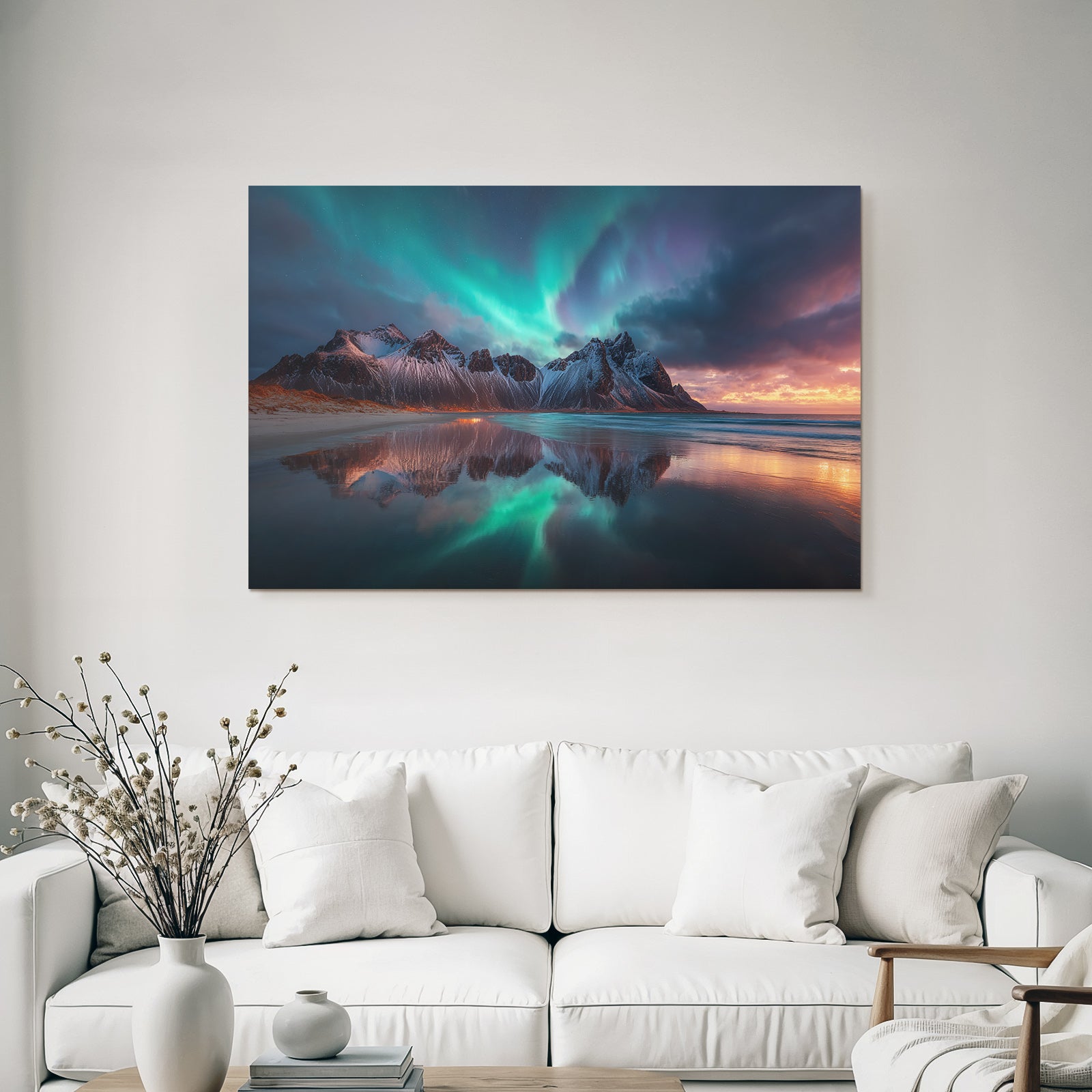 Polarlicht Dramatische Bergoffnung Mit Nordlichtern Und Reflektionen | Fjorde und Gletscher | Landschaften
