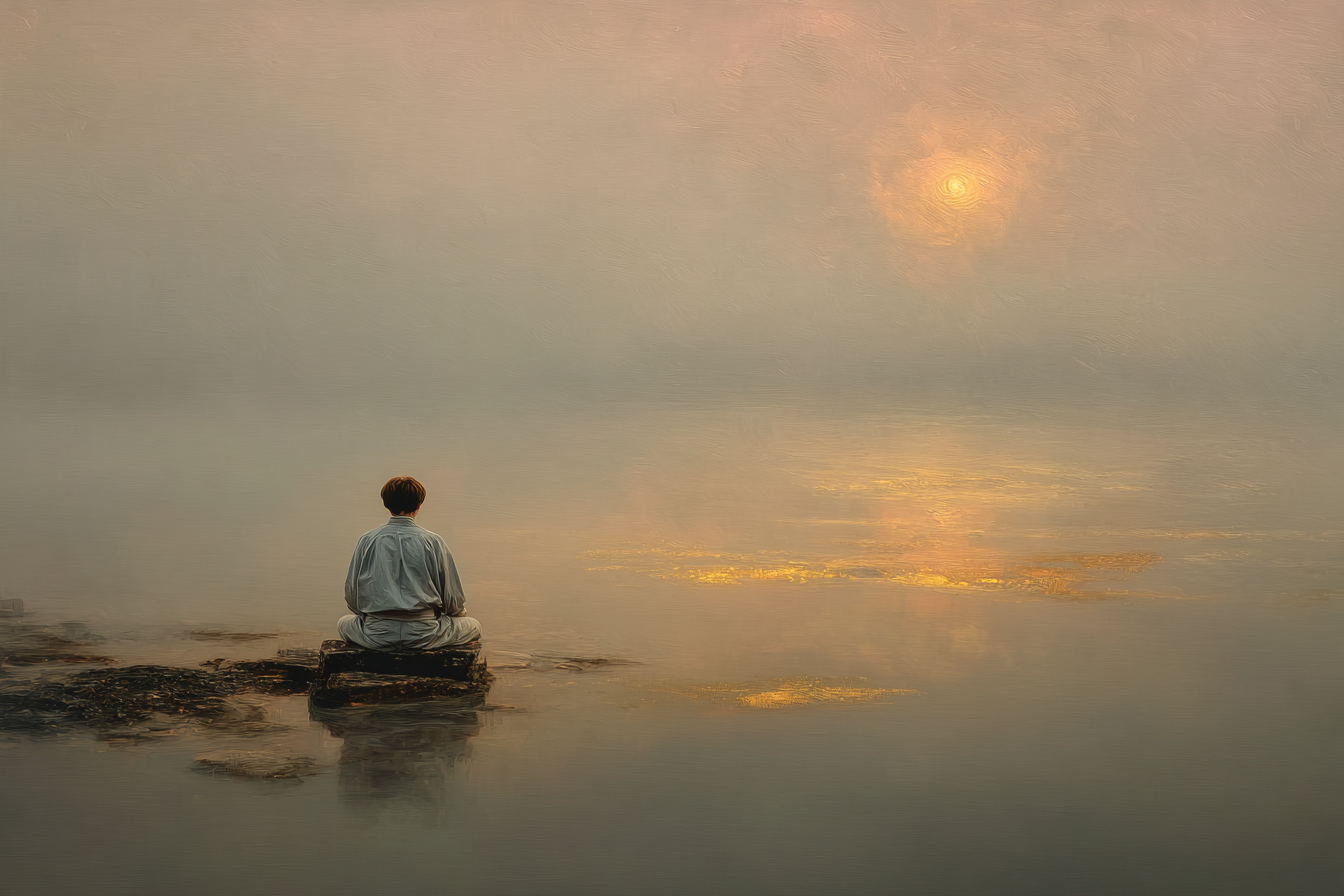 Yoga Meditation Friedliche Szene Person Am Stein Im Nebel Bei Wasser Horizont Ruhiger Moment | Yoga und Meditation | Themen und Hobbys