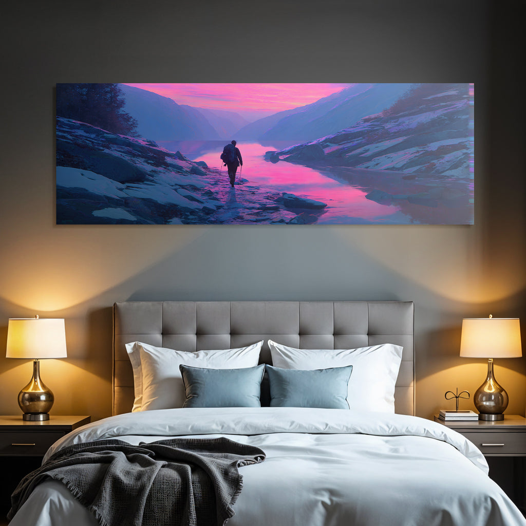 Polarlicht Ruhige Landschaft Mit Person Am Steinigen Ufer Bei Sonnenaufgang Oder Sonnenuntergang | Fjorde und Gletscher | Landschaften