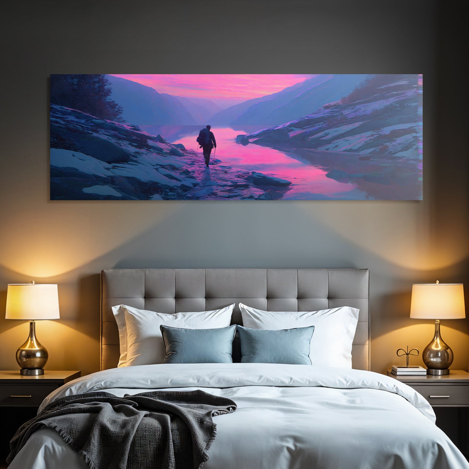 Polarlicht Ruhige Landschaft Mit Person Am Steinigen Ufer Bei Sonnenaufgang Oder Sonnenuntergang | Fjorde und Gletscher | Landschaften