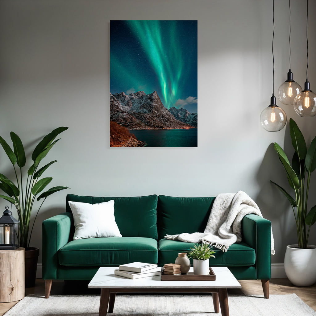 Polarlicht Schneebedeckte Berge Unter Aurora Borealis Nachtlandschaft | Fjorde und Gletscher | Landschaften
