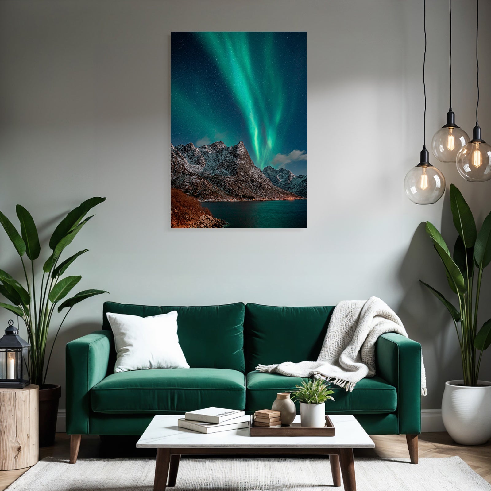 Polarlicht Schneebedeckte Berge Unter Aurora Borealis Nachtlandschaft | Fjorde und Gletscher | Landschaften