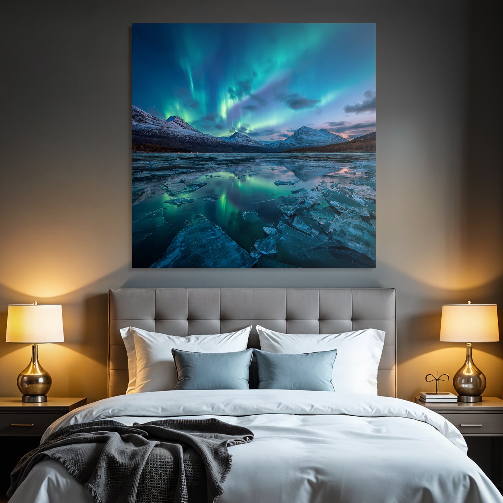 Polarlicht Nordlichter Auf Einem Gefrorenen See Mit Schneebedeckten Bergen | Fjorde und Gletscher | Landschaften