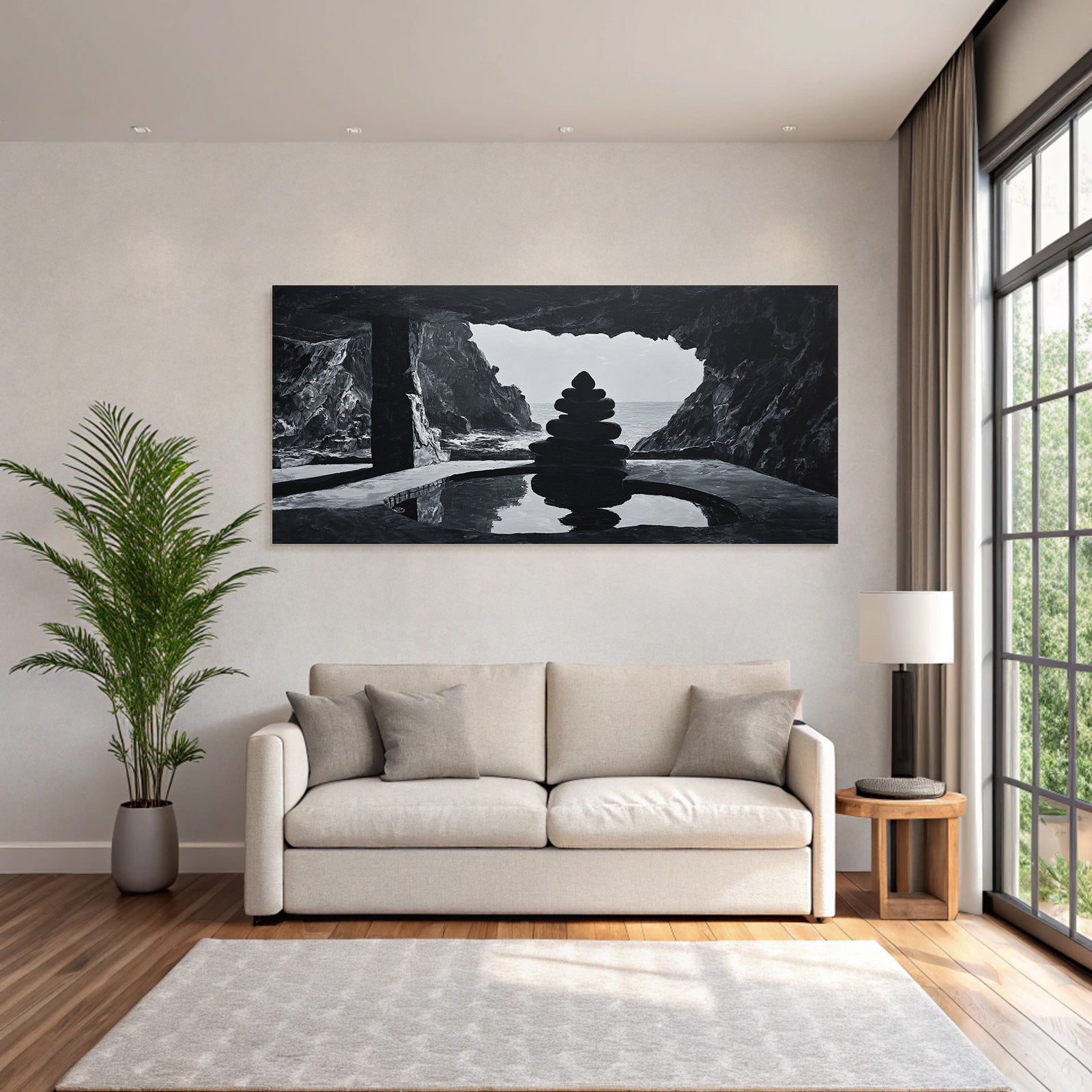 Yoga Meditation Monochromes Gebirgslandschaft Mit Kies Stapel Und Meeröffnung | Yoga und Meditation | Themen und Hobbys