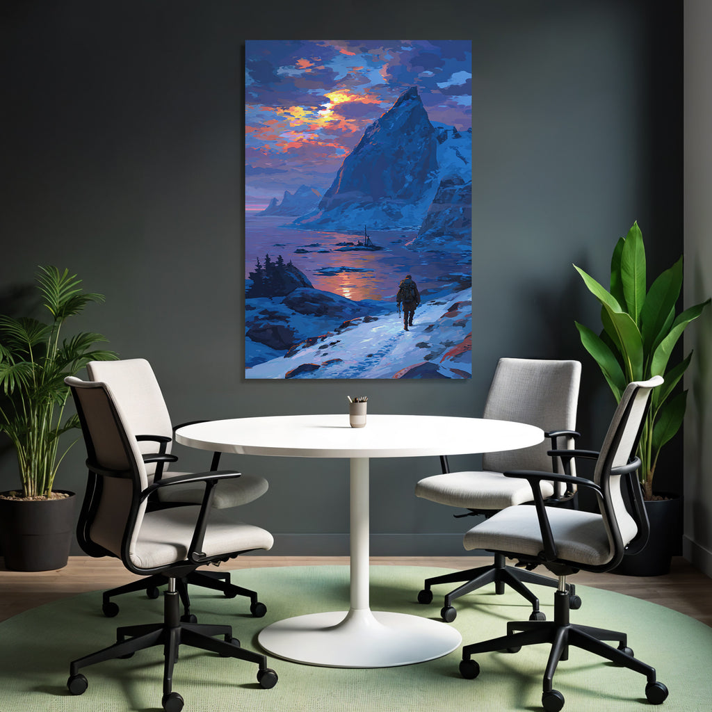 Polarlicht Schneepfad Im Sonnenaufgang Mit Berglandschaft Und Wasser | Fjorde und Gletscher | Landschaften