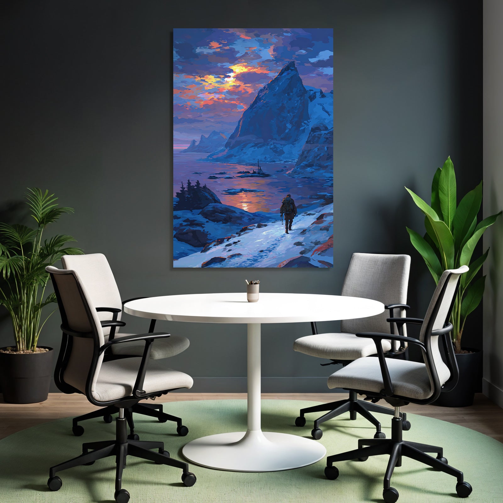 Polarlicht Schneepfad Im Sonnenaufgang Mit Berglandschaft Und Wasser | Fjorde und Gletscher | Landschaften