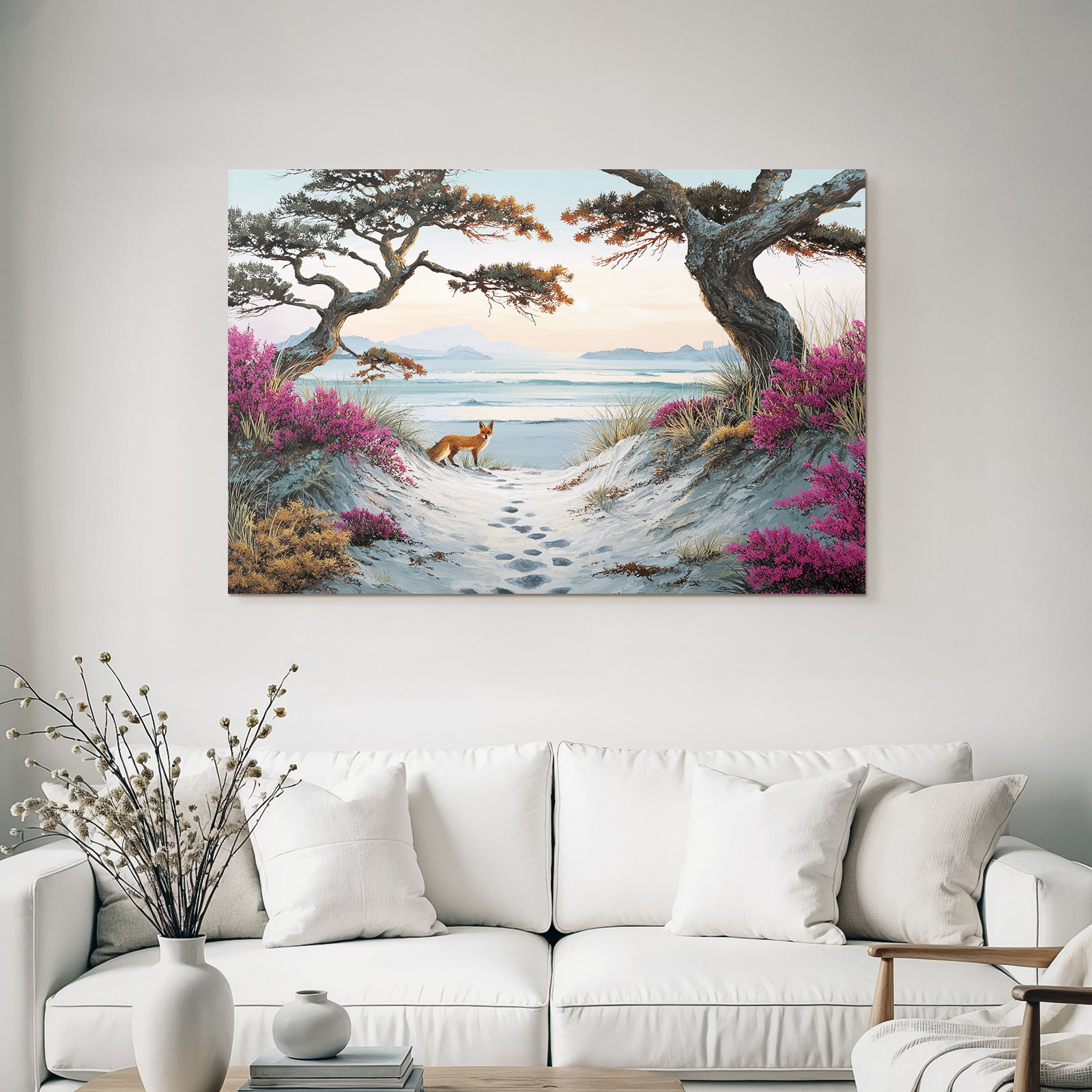 Szenenlandschaft Mit Strand Und Fox Unter Bergen Und Blumen | Duenen und Heide | Landschaften