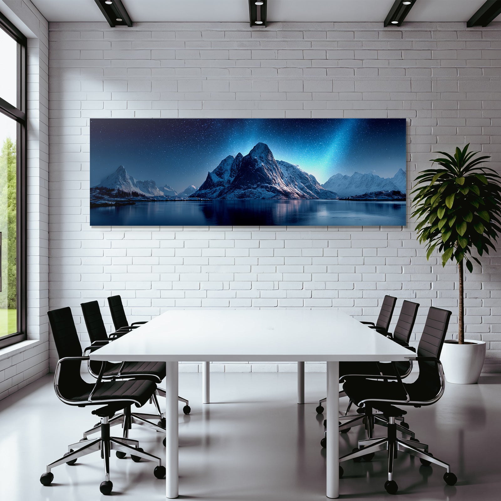 Polarlicht Beruhigende Berglanschaft Unter Sternenhimmel Mit Reflektierender Wasseroberfläche | Fjorde und Gletscher | Landschaften