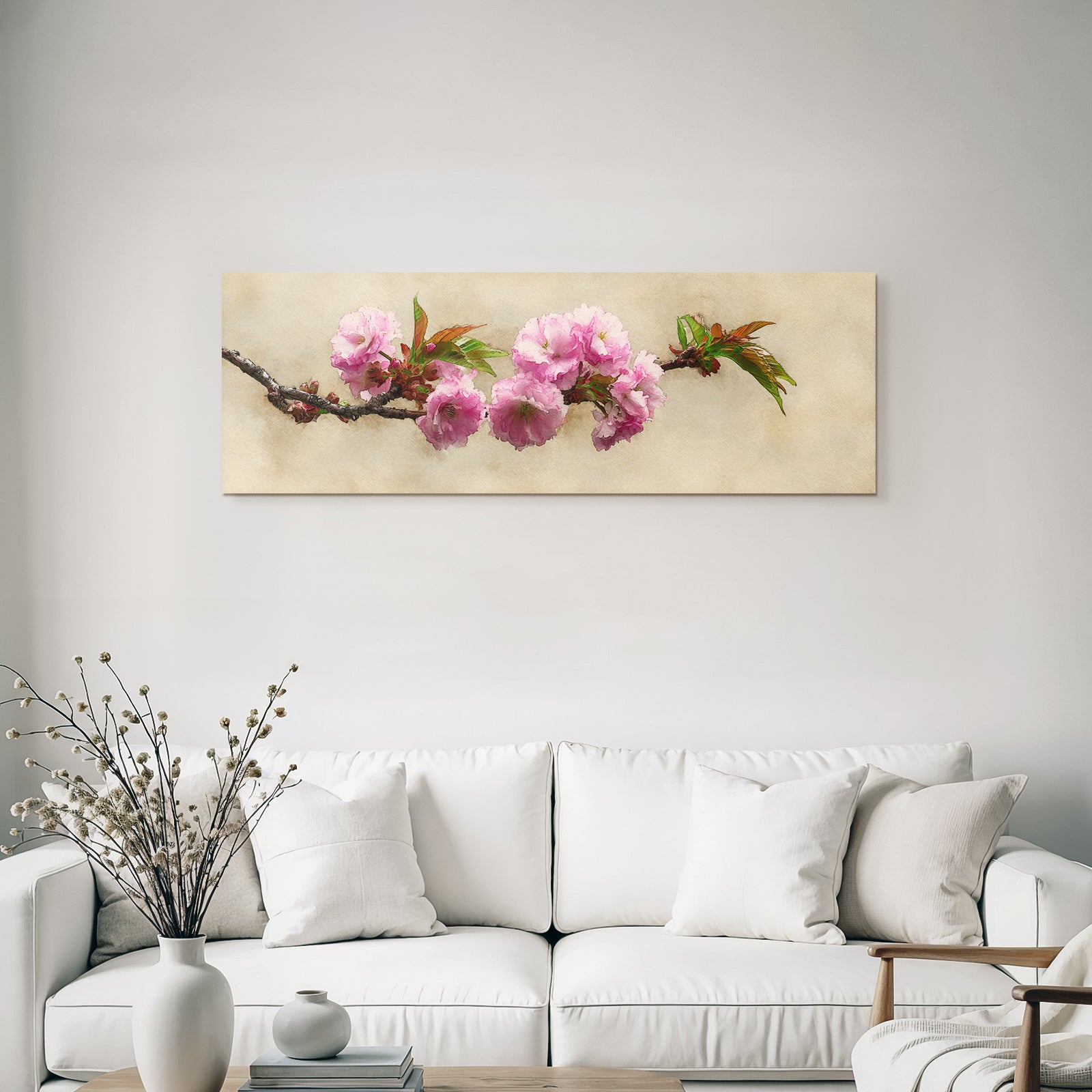 Zarte Rosa Blüten An Zweig Vor Geflecktem Hintergrund
