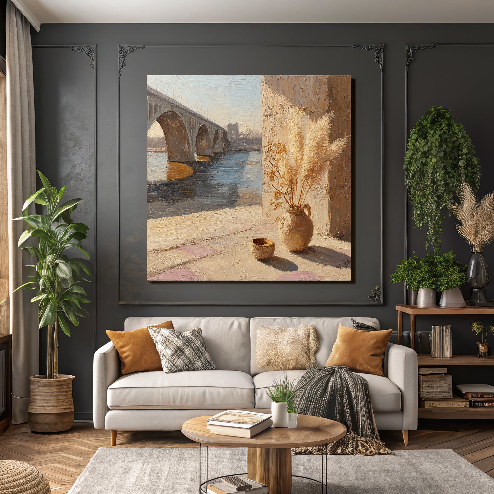 Trocken Retro Flowers Brücke Über Wasser Und Vase Mit Getrockneten Pflanzen
