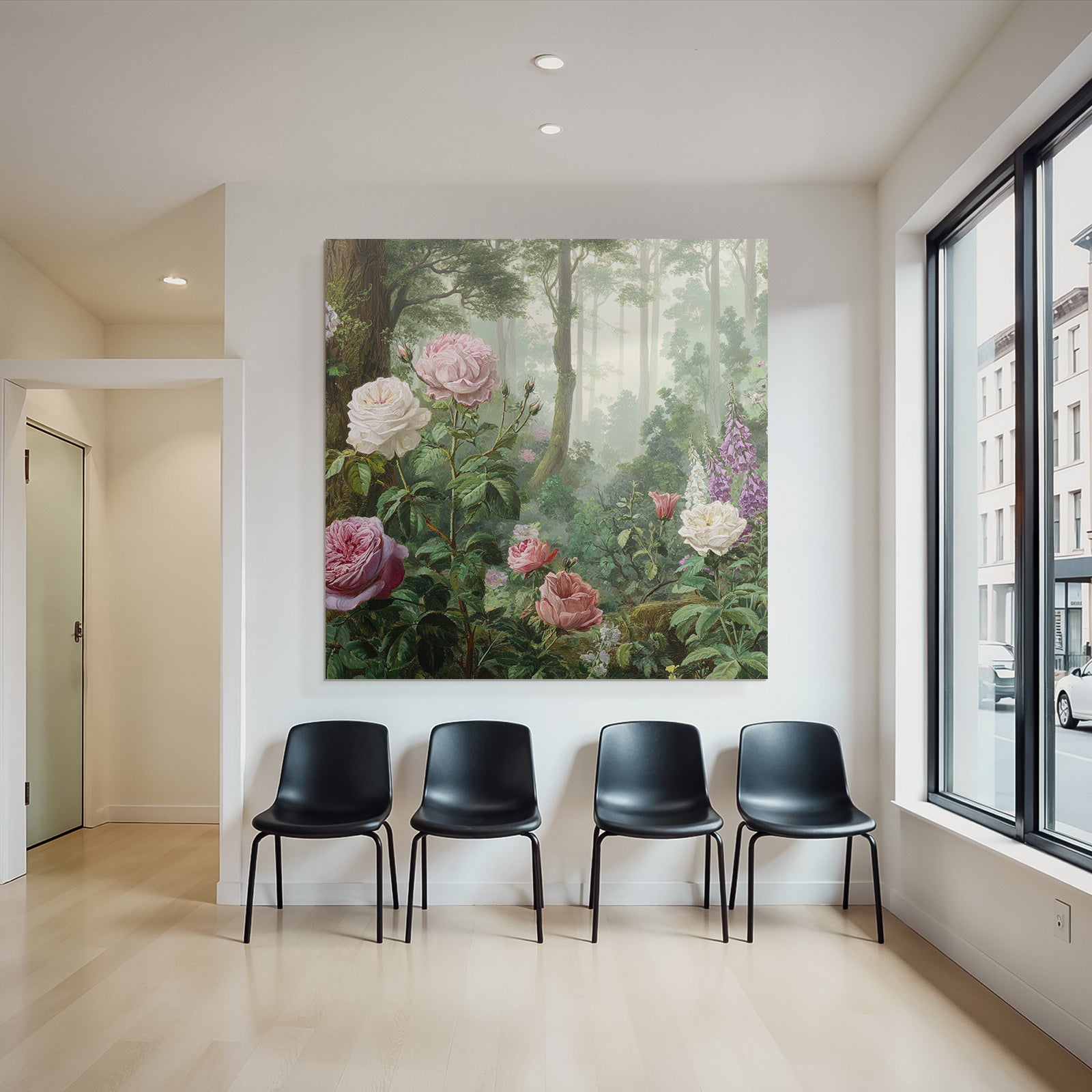 Malerische Waldszene Mit Rosen Und Blütenpflanzen In Dunstiger Atmosphäre