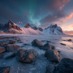Polarlicht Winterlandschaft Mit Bergen Und Nordlichtern Mit Farbenfrohem Himmel | Fjorde und Gletscher | Landschaften