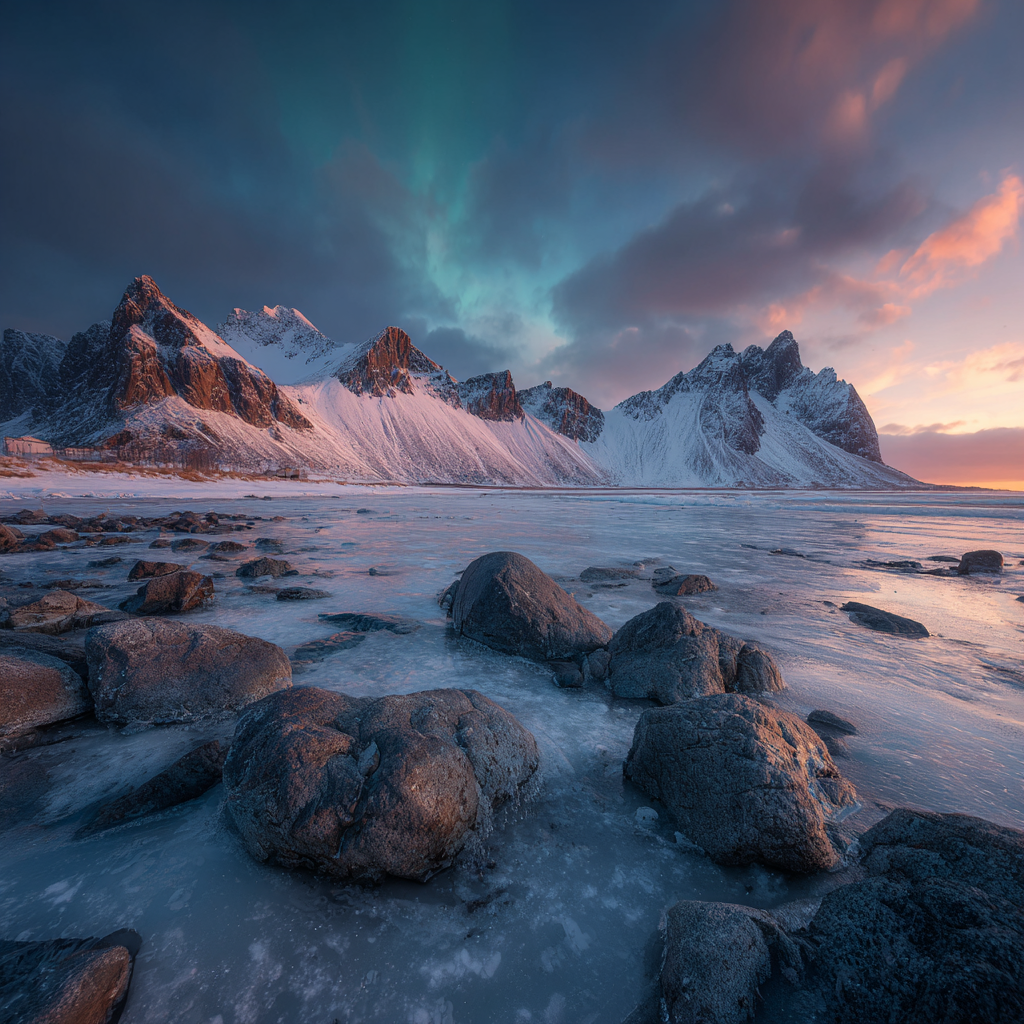 Polarlicht Winterlandschaft Mit Bergen Und Nordlichtern Mit Farbenfrohem Himmel | Fjorde und Gletscher | Landschaften