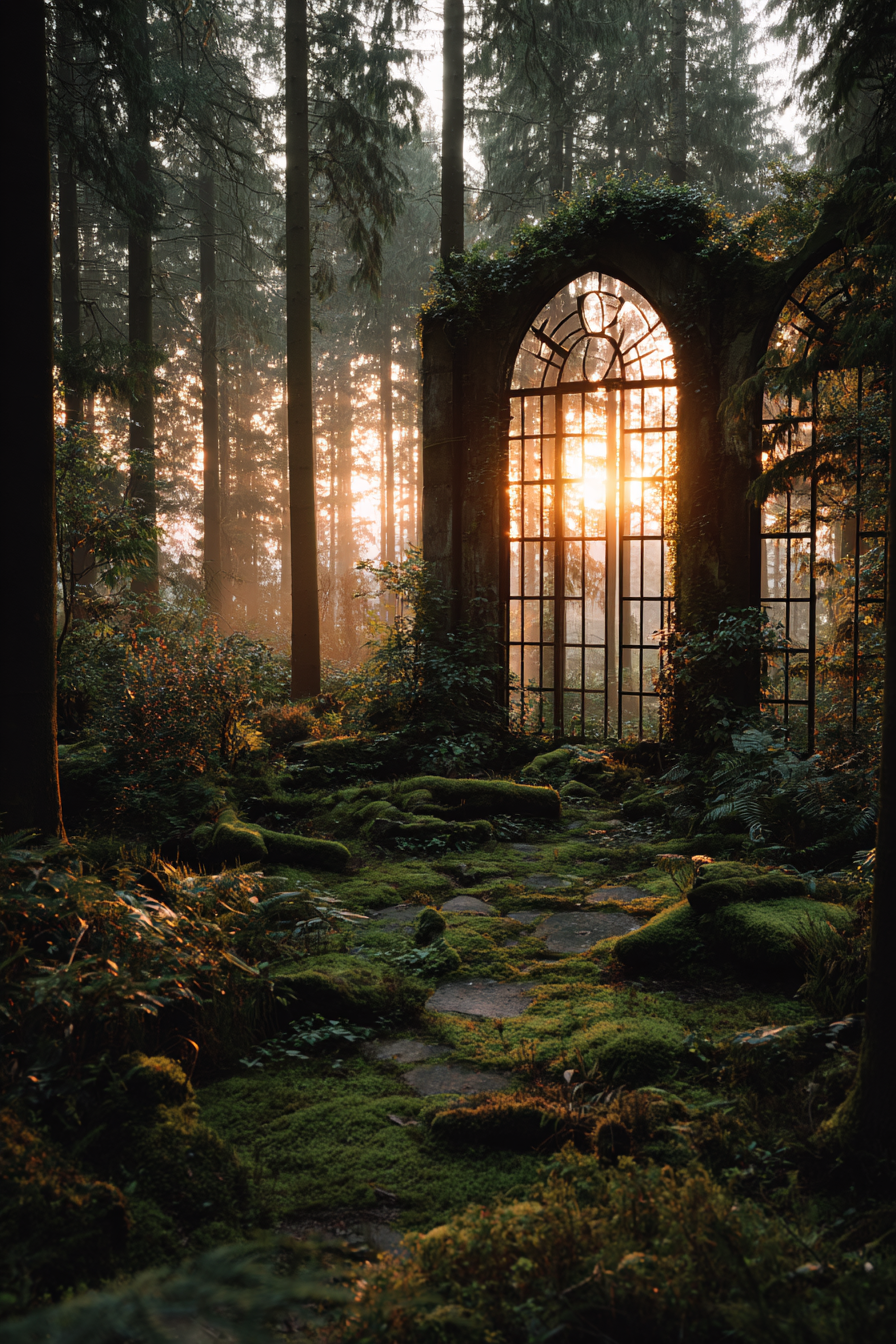 Verlassene Waldszene Mit Gebrochenem Fenster Und Moos Bewachsenen Steinen | Lost Places | Architektur