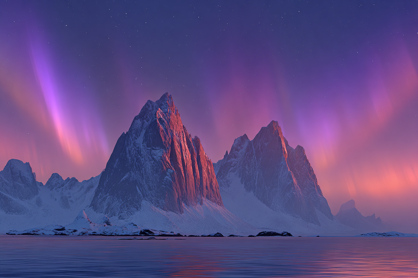 Polarlicht Schneebedeckte Berge Nordlichter Reflexion Im Wasser | Fjorde und Gletscher | Landschaften