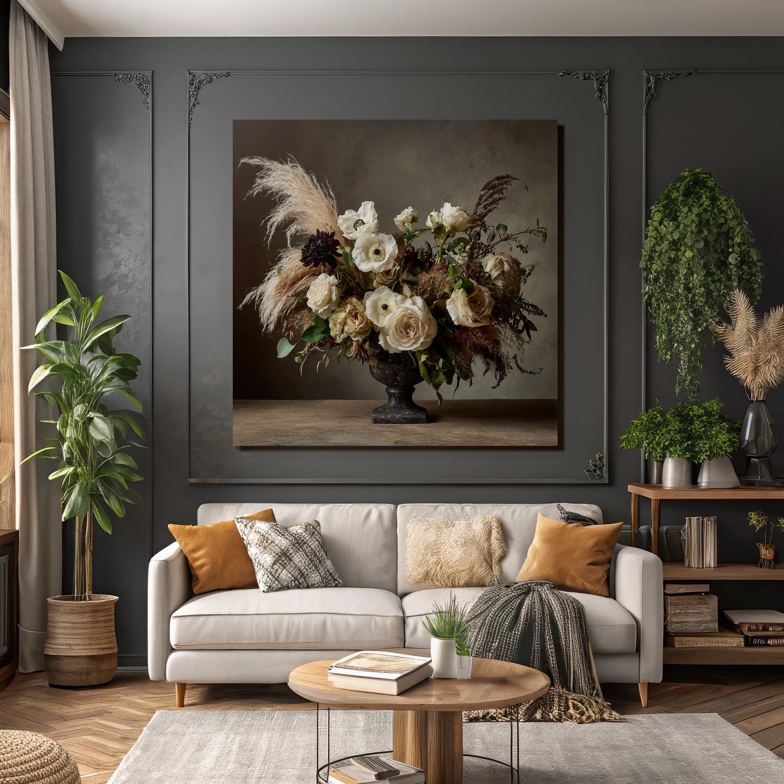 Trocken Retro Flowers Elegante Arrangement In Dunkel Vase Mit Rosen Anemonen Und Grünzeug