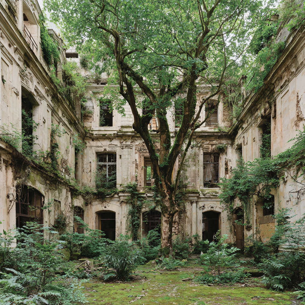 Verlassene Struktur Von Natur Überwuchert Mit Baum Und Grünem Bewuchs | Lost Places | Architektur