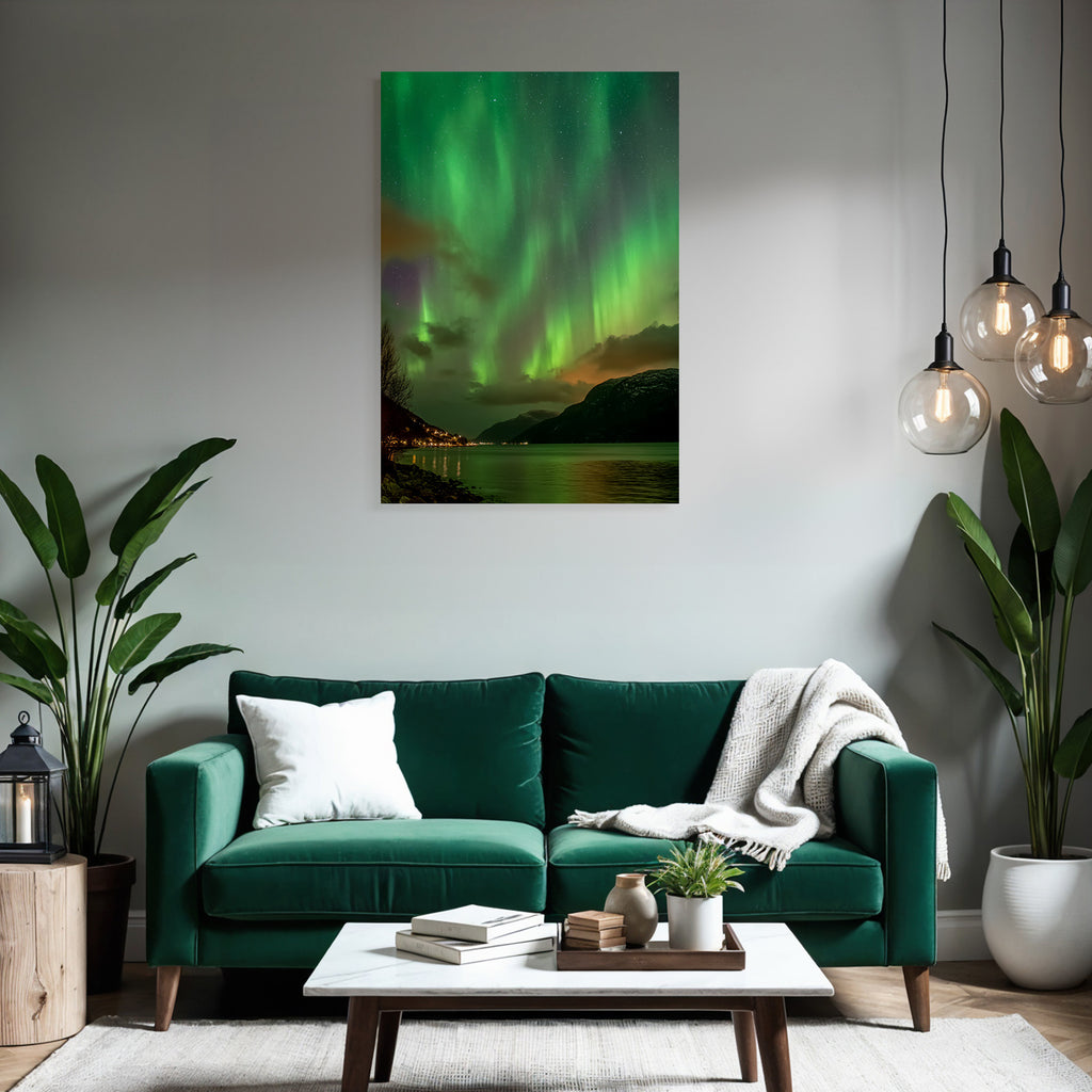 Polarlicht Nordlichter Aurora Borealis Nacht Himmel Bergblick Reflexion Wasser | Fjorde und Gletscher | Landschaften