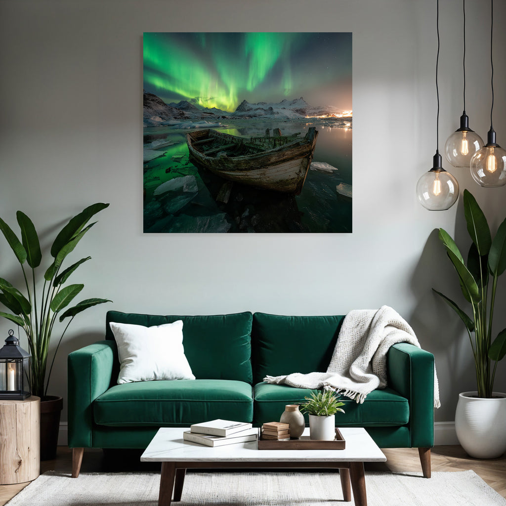 Polarlicht Winterlandschaft Boote Auroraborealis Schneebärgebirge | Fjorde und Gletscher | Landschaften